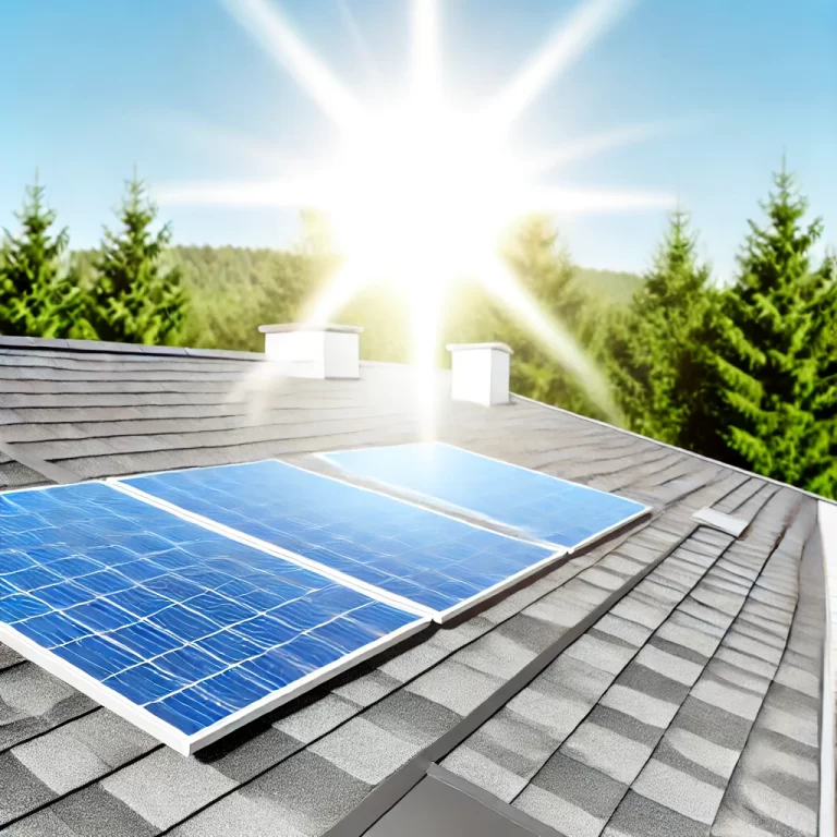 DALL·E 2024-09-25 21.10.21 - A clean and modern visual of a residential rooftop with solar panels, sunlight shining brightly on them, symbolizing solar energy efficiency